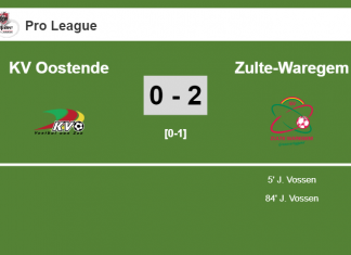 J. Vossen scores a double to give a 2-0 to Zulte-Waregem over KV Oostende