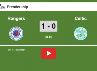 Rangers defeats Celtic 1-0 with a goal scored by F. Helander. HIGHLIGHT