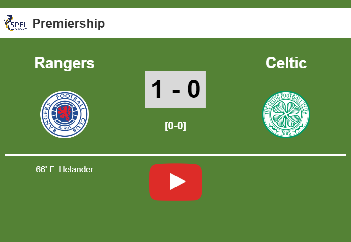 Rangers defeats Celtic 1-0 with a goal scored by F. Helander. HIGHLIGHT