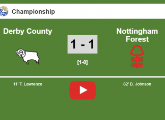 Derby County and Nottingham Forest draw 1-1 on Saturday. HIGHLIGHT