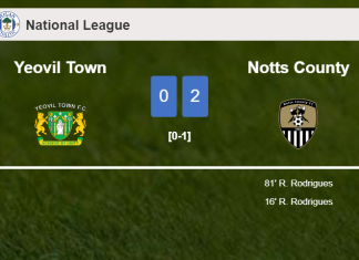 R. Rodrigues scores 2 goals to give a 2-0 win to Notts County over Yeovil Town