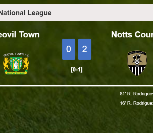 R. Rodrigues scores 2 goals to give a 2-0 win to Notts County over Yeovil Town