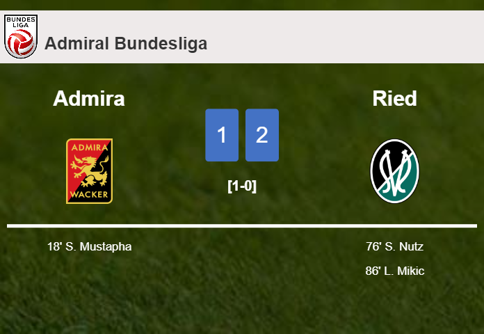 Ried recovers a 0-1 deficit to prevail over Admira 2-1