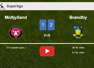 Brøndby recovers a 0-1 deficit to overcome Midtjylland 2-1 with M. Uhre scoring a double. HIGHLIGHTS