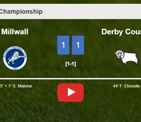 Millwall and Derby County draw 1-1 on Saturday. HIGHLIGHTS