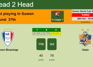 H2H, PREDICTION. Suwon Bluewings vs Ulsan | Odds, preview, pick, kick-off time 28-11-2021 - K-League 1