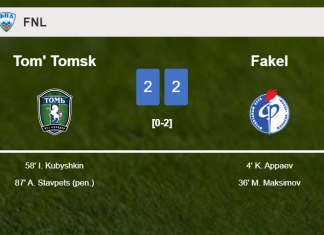 Tom' Tomsk manages to draw 2-2 with Fakel after recovering a 0-2 deficit