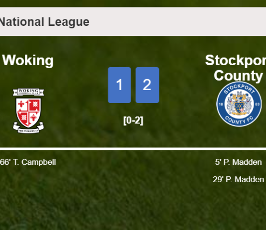 Stockport County prevails over Woking 2-1 with P. Madden scoring 2 goals