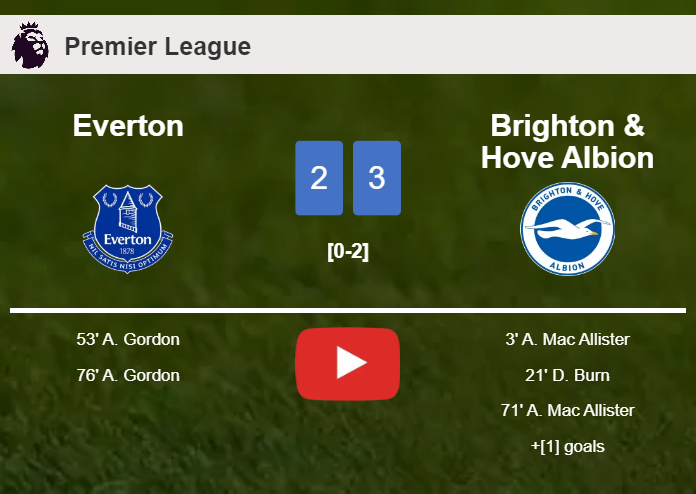 Brighton & Hove Albion beats Everton 3-2 with 2 goals from A. Mac. HIGHLIGHTS