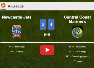 Central Coast Mariners tops Newcastle Jets 4-2. HIGHLIGHTS