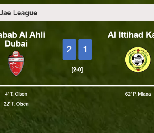 Shabab Al Ahli Dubai beats Al Ittihad Kalba 2-1 with T. Olsen scoring a double