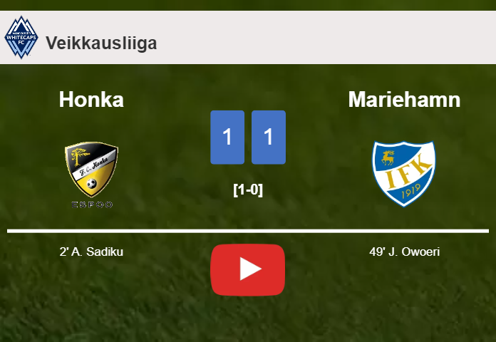 Honka and Mariehamn draw 1-1 on Saturday. HIGHLIGHTS