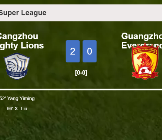 Cangzhou Mighty Lions overcomes Guangzhou Evergrande 2-0 on Sunday