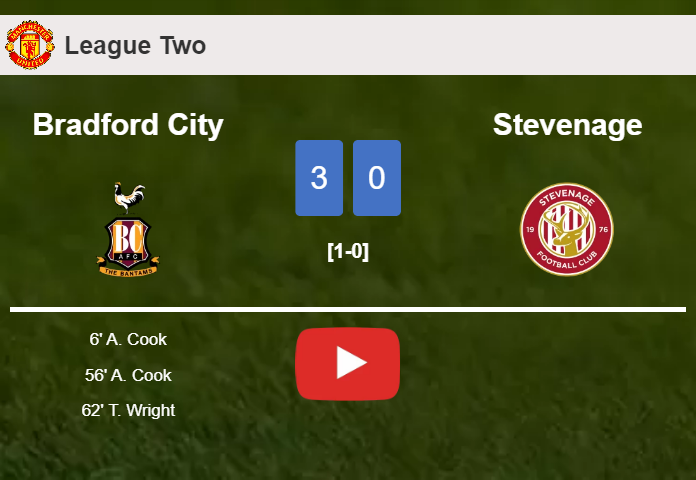 Bradford City tops Stevenage 3-0. HIGHLIGHTS