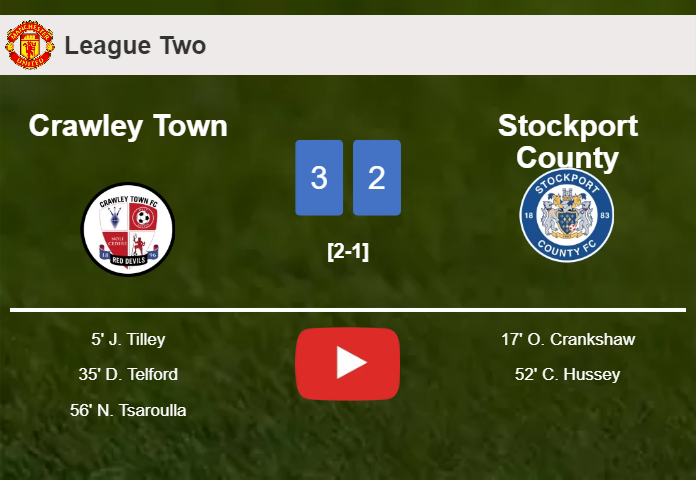 Crawley Town conquers Stockport County 3-2. HIGHLIGHTS