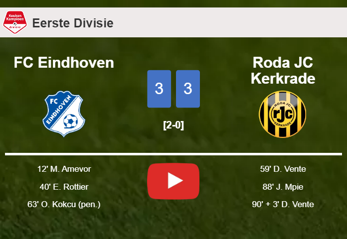 FC Eindhoven and Roda JC Kerkrade draws a hectic match 3-3 on Friday. HIGHLIGHTS