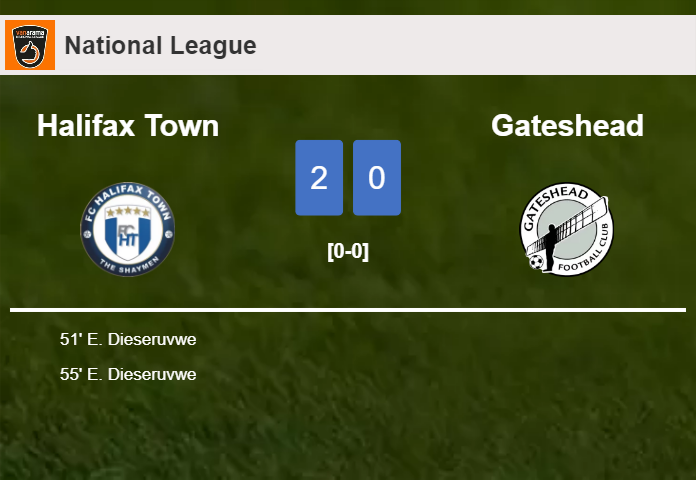 E. Dieseruvwe scores a double to give a 2-0 win to Halifax Town over Gateshead