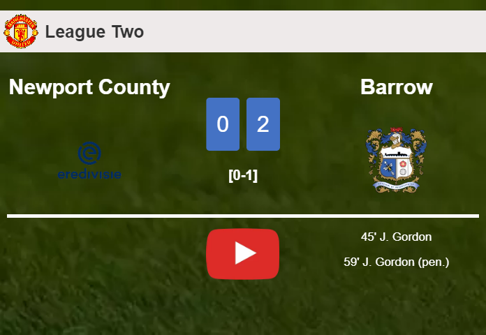 J. Gordon scores a double to give a 2-0 win to Barrow over Newport County. HIGHLIGHTS