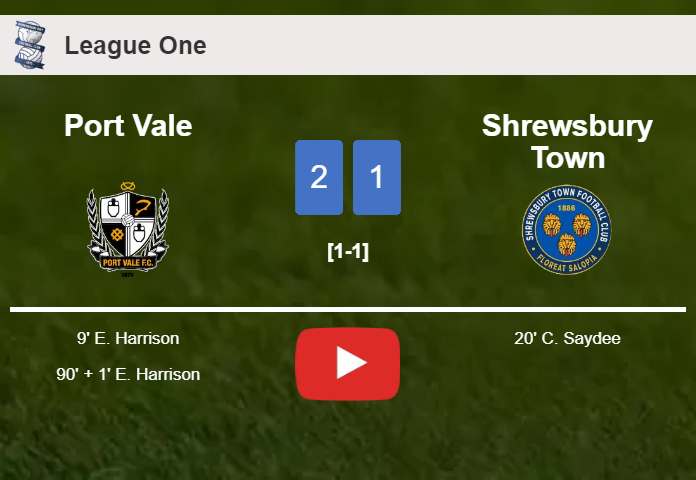 Port Vale overcomes Shrewsbury Town 2-1 with E. Harrison scoring 2 goals. HIGHLIGHTS
