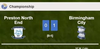 Birmingham City defeats Preston North End 1-0 with a goal scored by M. Colin
