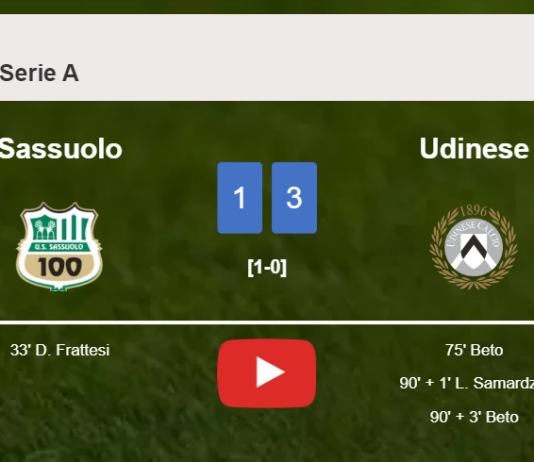 Udinese prevails over Sassuolo 3-1 with 2 goals from Beto. HIGHLIGHTS
