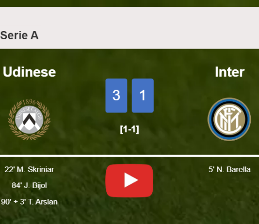 Udinese defeats Inter 3-1 after recovering from a 0-1 deficit. HIGHLIGHTS