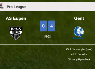 Gent beats AS Eupen 4-0 after playing a incredible match