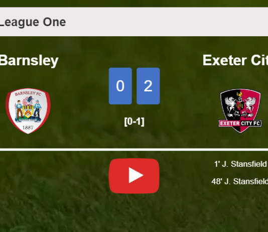 J. Stansfield scores 2 goals to give a 2-0 win to Exeter City over Barnsley. HIGHLIGHTS