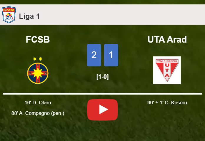 FCSB clutches a 2-1 win against UTA Arad. HIGHLIGHTS