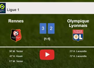 Rennes beats Olympique Lyonnais 3-2 with 2 goals from M. Terrier. HIGHLIGHTS