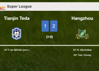 Hangzhou recovers a 0-1 deficit to conquer Tianjin Teda 2-1