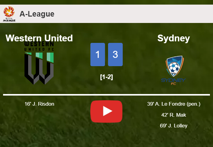 Sydney conquers Western United 3-1 after recovering from a 0-1 deficit. HIGHLIGHTS