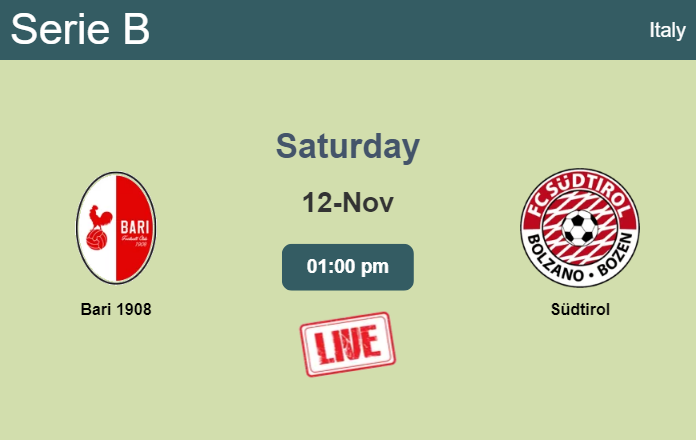 How to watch Bari 1908 vs. Südtirol on live stream and at what time