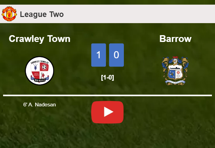 Crawley Town overcomes Barrow 1-0 with a goal scored by A. Nadesan. HIGHLIGHTS