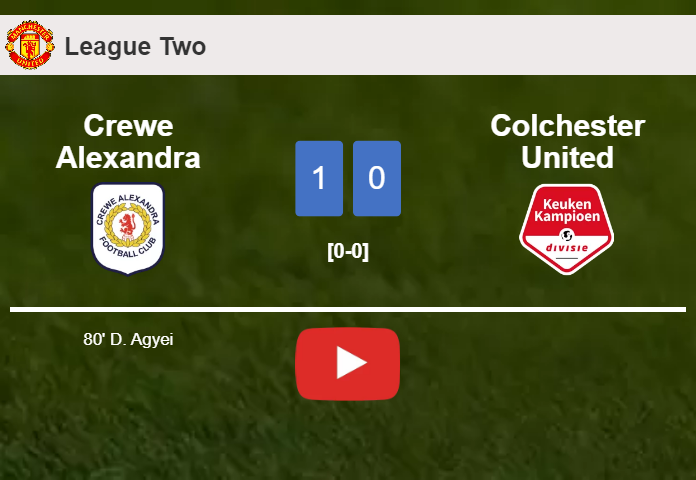Crewe Alexandra defeats Colchester United 1-0 with a goal scored by D. Agyei. HIGHLIGHTS