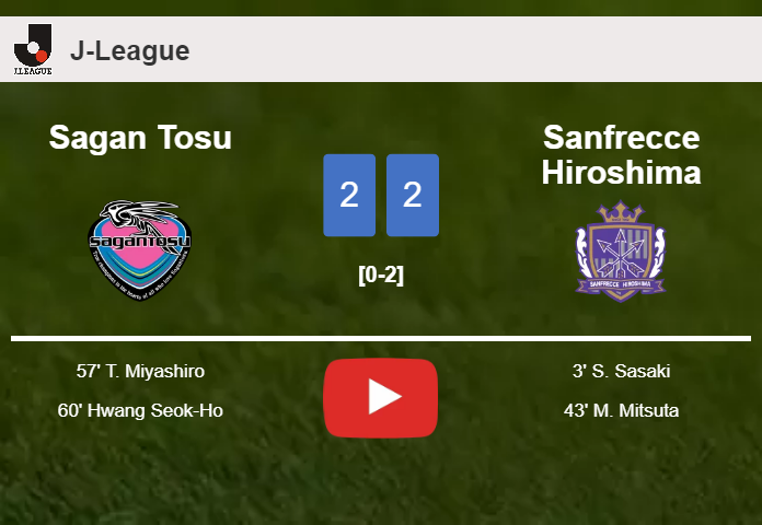 Sagan Tosu manages to draw 2-2 with Sanfrecce Hiroshima after recovering a 0-2 deficit. HIGHLIGHTS