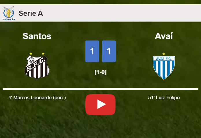 Santos and Avaí draw 1-1 on Saturday. HIGHLIGHTS