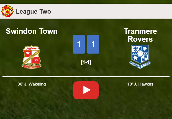 Swindon Town and Tranmere Rovers draw 1-1 on Saturday. HIGHLIGHTS