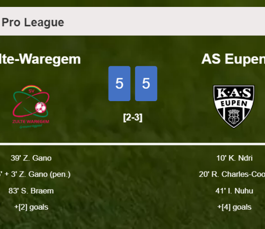Zulte-Waregem and AS Eupen draws a frantic match 5-5 on Saturday