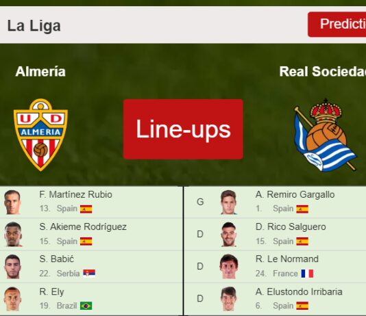 PREDICTED STARTING LINE UP: Almería vs Real Sociedad - 08-01-2023 La Liga - Spain