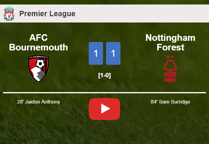 AFC Bournemouth and Nottingham Forest draw 1-1 on Saturday. HIGHLIGHTS