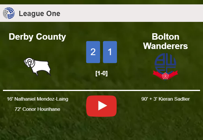 Derby County clutches a 2-1 win against Bolton Wanderers. HIGHLIGHTS