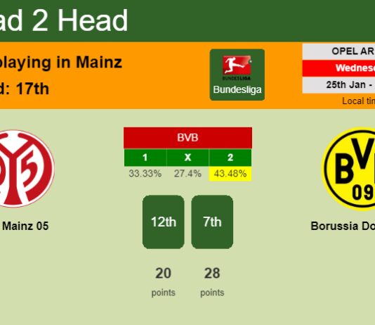 H2H, PREDICTION. FSV Mainz 05 vs Borussia Dortmund | Odds, preview, pick, kick-off time 25-01-2023 - Bundesliga