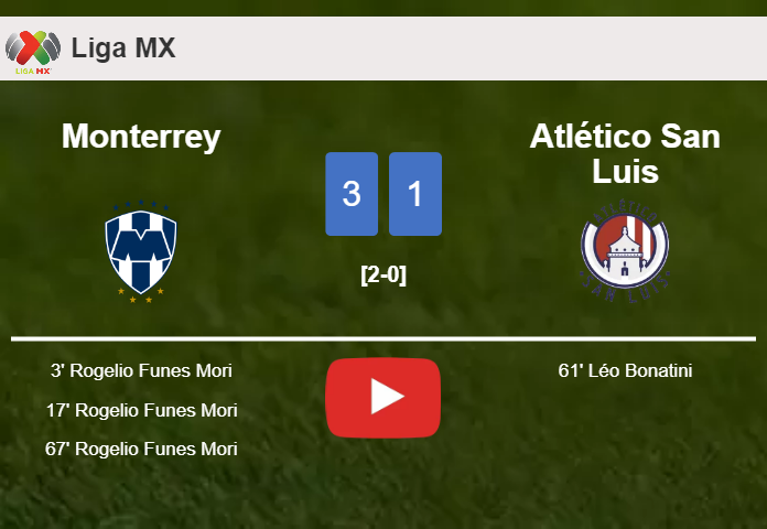 Monterrey prevails over Atlético San Luis 3-1 with 3 goals from R. Funes. HIGHLIGHTS