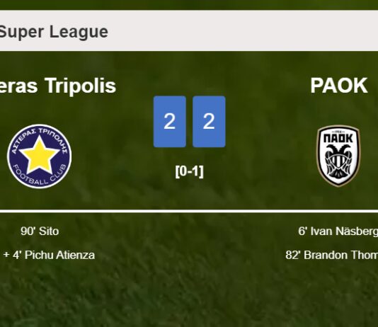 Asteras Tripolis manages to draw 2-2 with PAOK after recovering a 0-2 deficit
