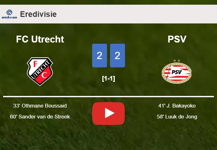 FC Utrecht and PSV draw 2-2 on Sunday. HIGHLIGHTS