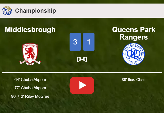 Middlesbrough tops Queens Park Rangers 3-1 after recovering from a 0-1 deficit. HIGHLIGHTS