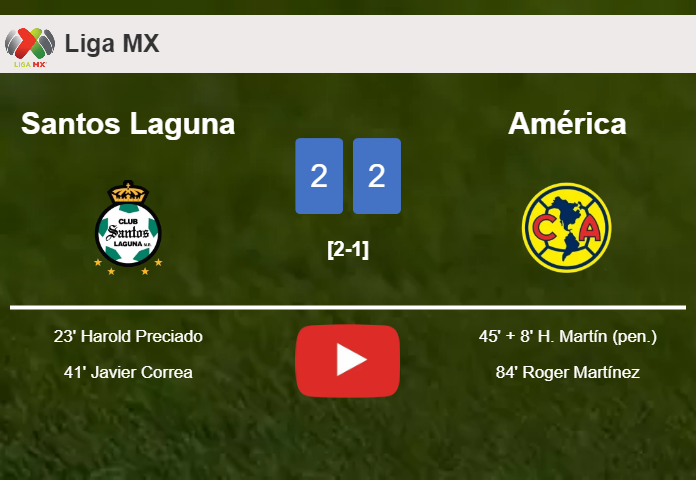 América manages to draw 2-2 with Santos Laguna after recovering a 0-2 deficit. HIGHLIGHTS