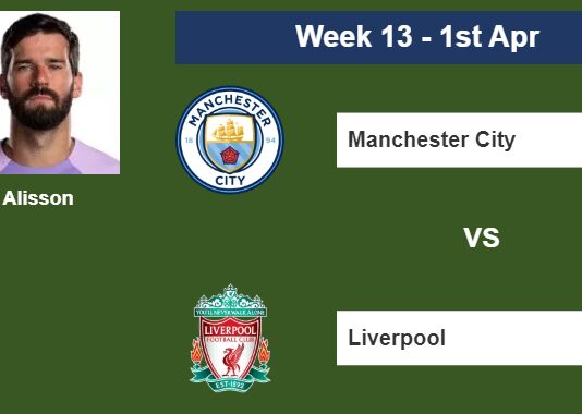 FPL. Alisson a good pick before facing Manchester City on Saturday 1st of April for the 13th week.