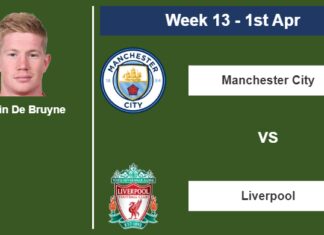 FANTASY PREMIER LEAGUE. Kevin De Bruyne statistics before facing Liverpool on Saturday 1st of April for the 13th week.